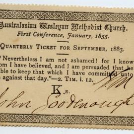 Australasian Wesleyan Methodist Church Quarterly ticket, September 1883