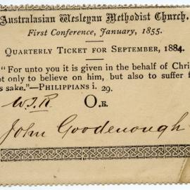 Australasian Methodist Church Quarterly Ticket, September 1884