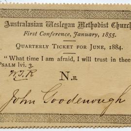 Australasian Wesleyan Methodist Church Quarterly ticket, June 1884