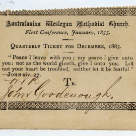 Australasian Wesleyan Methodist Church Quarterly ticket, December 1885