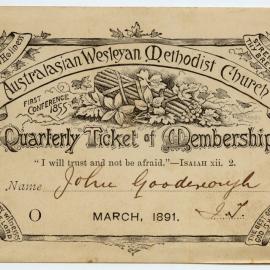 Australasian Wesleyan Methodist Church Quarterly ticket, March 1891