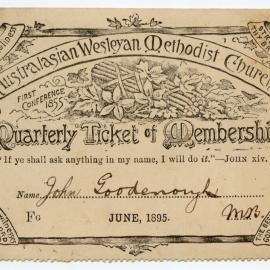 Australasian Wesleyan Methodist Church Quarterly ticket, June 1895