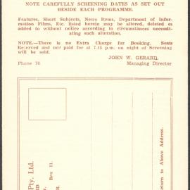 Tasma & Memorial Cinema programme, October - November 1943