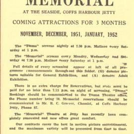Tasma & Memorial Cinema programme, November 1951 to January 1952
