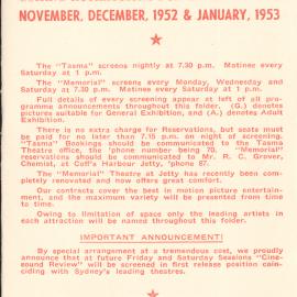 Tasma & Memorial Cinema programme, November 1952 to January 1953