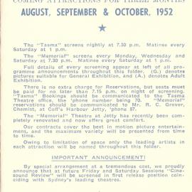 Tasma & Memorial Cinema programme, August to October 1952