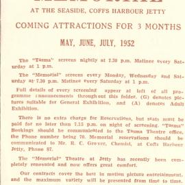 Tasma & Memorial Cinema programme, May to July 1952
