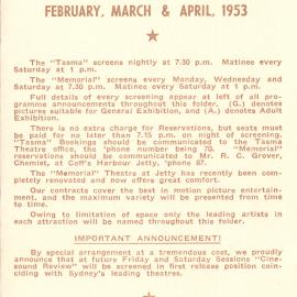 Tasma & Memorial Cinema programme, February to April 1953