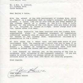 Letter regarding the 40th anniversary of Lindsay Brothers Transport, 15 March 1993
