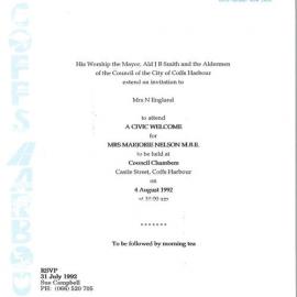 Invitation to the Civic Welcome for Marjorie Jackson, 4 August 1992