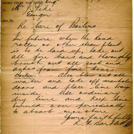 Memo on care of boilers, 14 December 1933