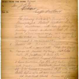 Four memos from Dorrigo Shire Council Engineer to Ganger, January - October 1934