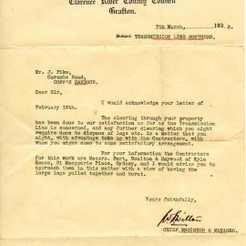 Letter regarding land clearing for transmission line construction, 7 March 1933