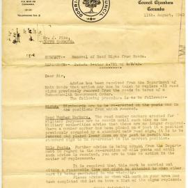 Letter regarding removal of road signs and mile posts, 11 August 1943
