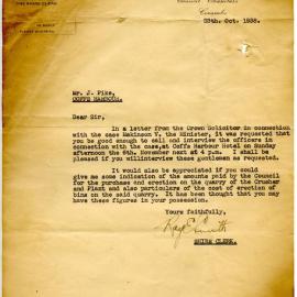 Letters from Shire Clerk regarding the Makinson vs the Minister (Foster's Quarry) case, October - November 1938