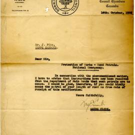 Letter regarding road patrols during a national emergency, 14 October 1939