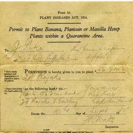 Permits to Move and Plant Banana, Plantain or Manilla Hemp Plants, 10 September 1935