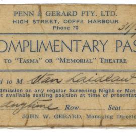 Tasma & Memorial Theatre complimentary pass, 1959