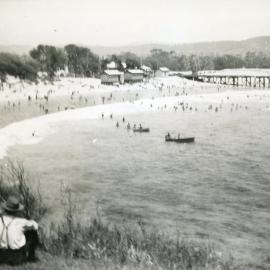 Woolgoolga Beach with Sunday surfers, c. 1930