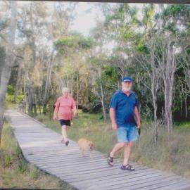Searles walking Nara on Jewfish Point boardwalk, Red Rock, 2007