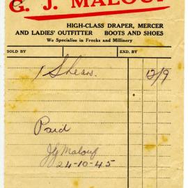 G. J. Malouf receipt, 19 October 1945