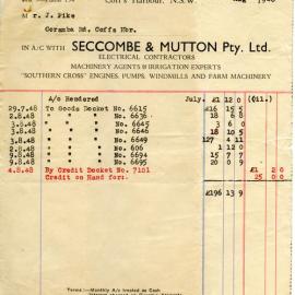 Seccombe & Mutton Pty Ltd invoice and receipts, July - August 1948