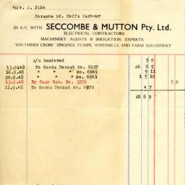 Seccombe & Mutton Pty Ltd invoice and receipts, September - October 1948