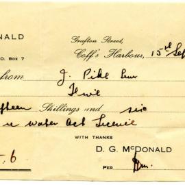 D. G. McDonald receipt, 15 September 1948