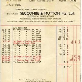 Seccombe & Mutton Pty Ltd account statement, invoice and receipt, August - September 1948