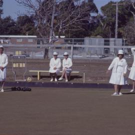 Six women playing lawn bowls, c. 1978