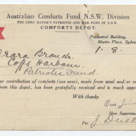 Comforts Depot thank you card, 1944