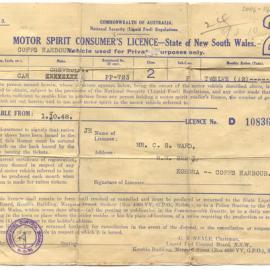 Motor Spirit Consumer's Licence, NSW, 1948