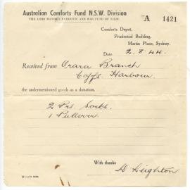 Australian Comforts Fund receipt, 2 August 1944