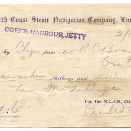 North Coast Steam Navigation Company receipt, 2 December 1912