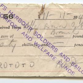 Coffs Harbour Soldiers and Sailors' Comfort and Welfare Fund receipt, 11 November 1943