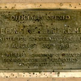 Plaque for the new Banana Growers Federation building, 30 August 1951