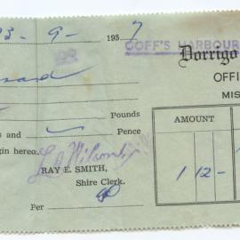 Dorrigo Shire Council receipt for J. W. Gerard, 23 September 1957