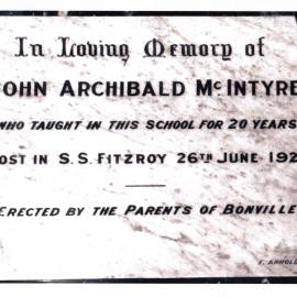Plaque for John Archibald McIntyre