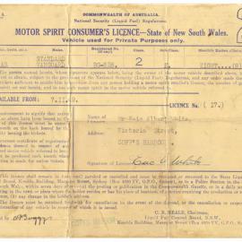 Motor Spirit Consumer's Licence, NSW, 1949