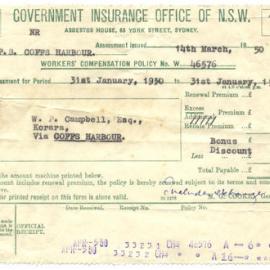 Policy Renewal Receipt, 14 March 1950