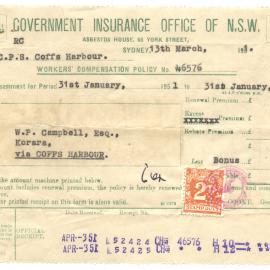 Policy Renewal Receipt, 13 March 1951