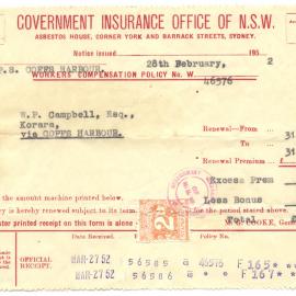 Policy Renewal Receipt, 28 February 1952
