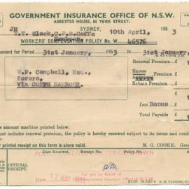 Policy Renewal Notice and Receipt, 10 April 1953