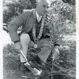 Bernie Malouf plants a tree at the Botanic Garden, 15 August 1988