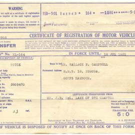Certificate of Registration of Motor Vehicle, 1951