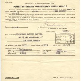 Permit to Operate Unregistered Motor Vehicle, 1958