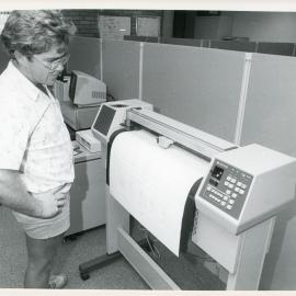 Council Engineer Ray Hallgarth with plotter, 1985