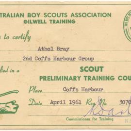 Scout Preliminary Training Course certificate, April 1961