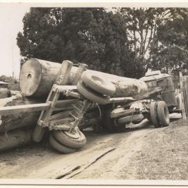 Overturned logging truck, 1943