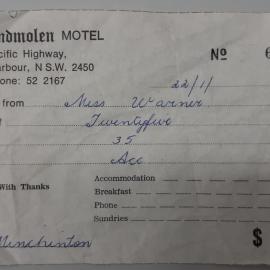 De Windmolen Motel Receipt, 22 January 1978